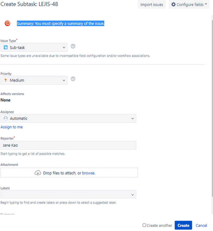 Create subtask - error message - summary.PNG