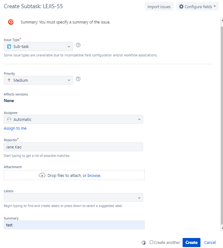 Create subtask - error message - summary.PNG