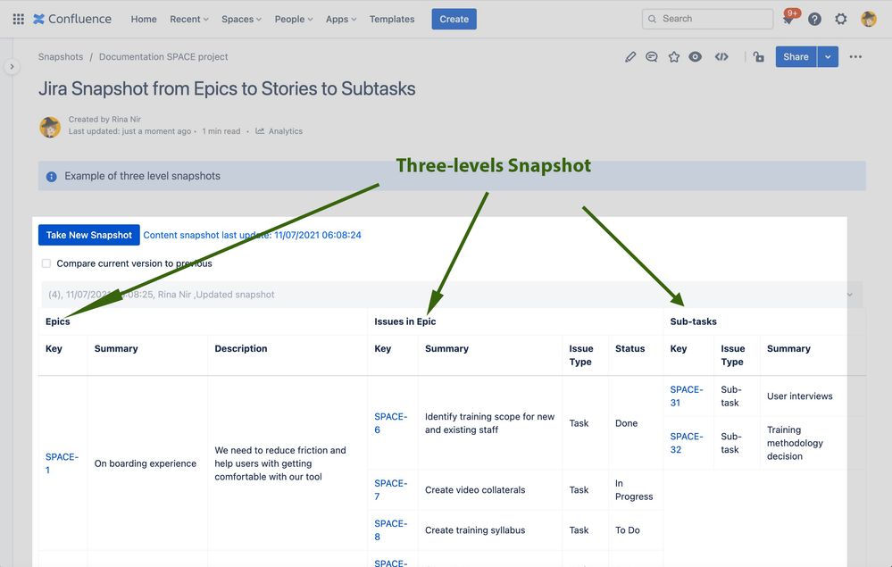 Jira Snapshot from Epics to Stories to Subtasks - Snapshots.jpg