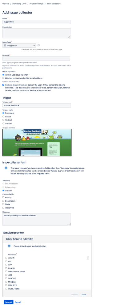 Configuration screen of the collector issue where we see that after selecting the _Suggestion_ issue type, the undesirable _Scope_ field is displayed.png