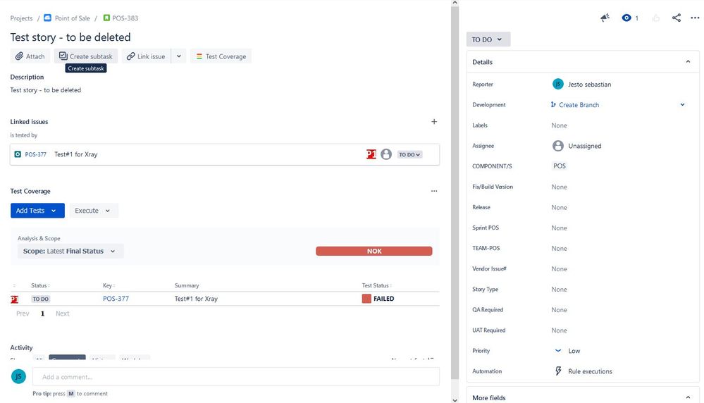 Story shows the test coverage and execution results.JPG