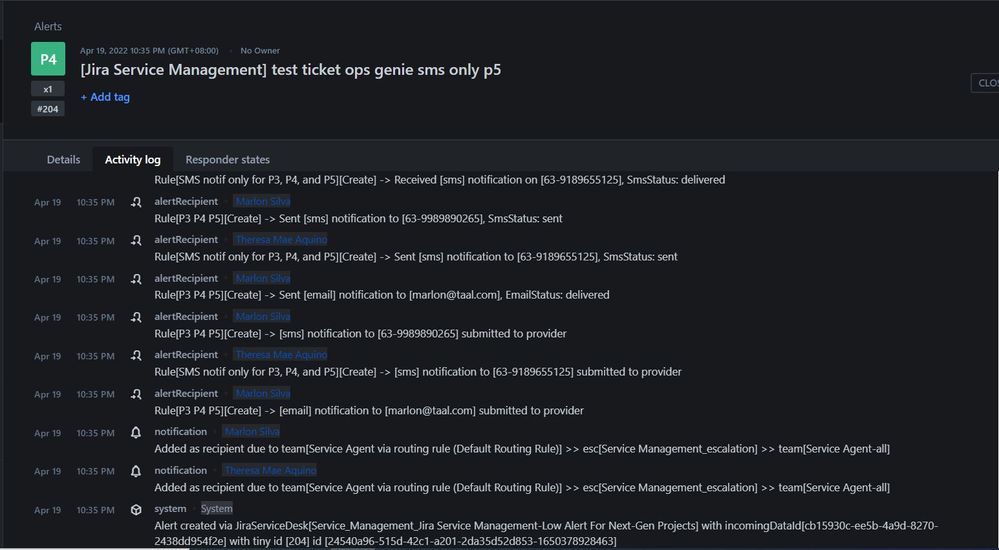 OpsGenie P5 activity log.JPG