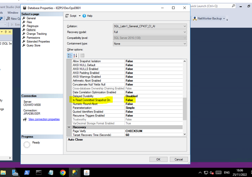 DXC JIRA DataBAse Collation Error- Read-committed-snapshot-OFF.PNG