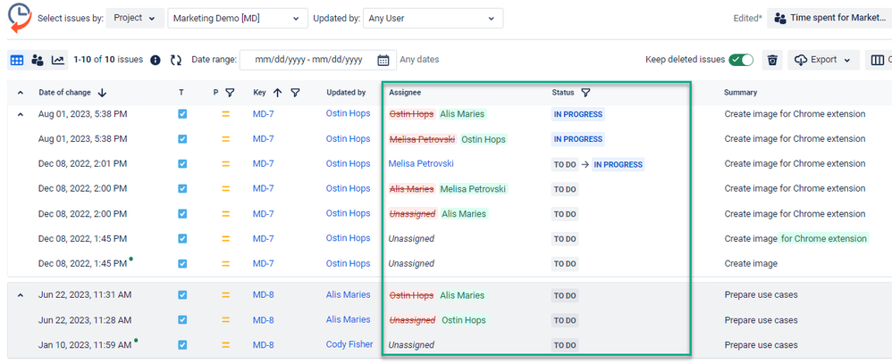 assignees and status history.png