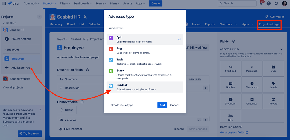 How to add subtask to jira work management HR template.png