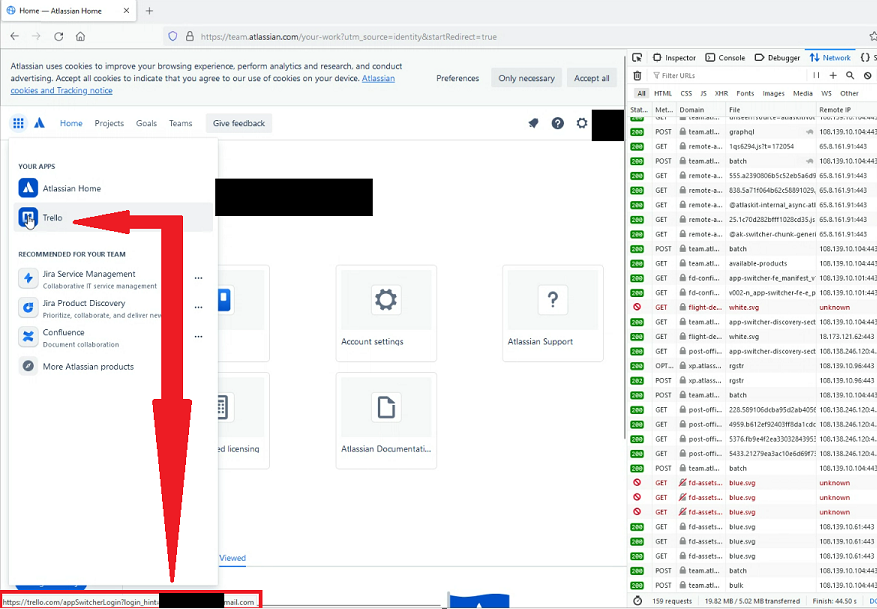 Atlassian Home - User Interface - App Switcher Menu - app URL includes user account email in clear text.png