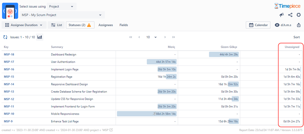 Time to Assign Issue Assignee Duration Report.png