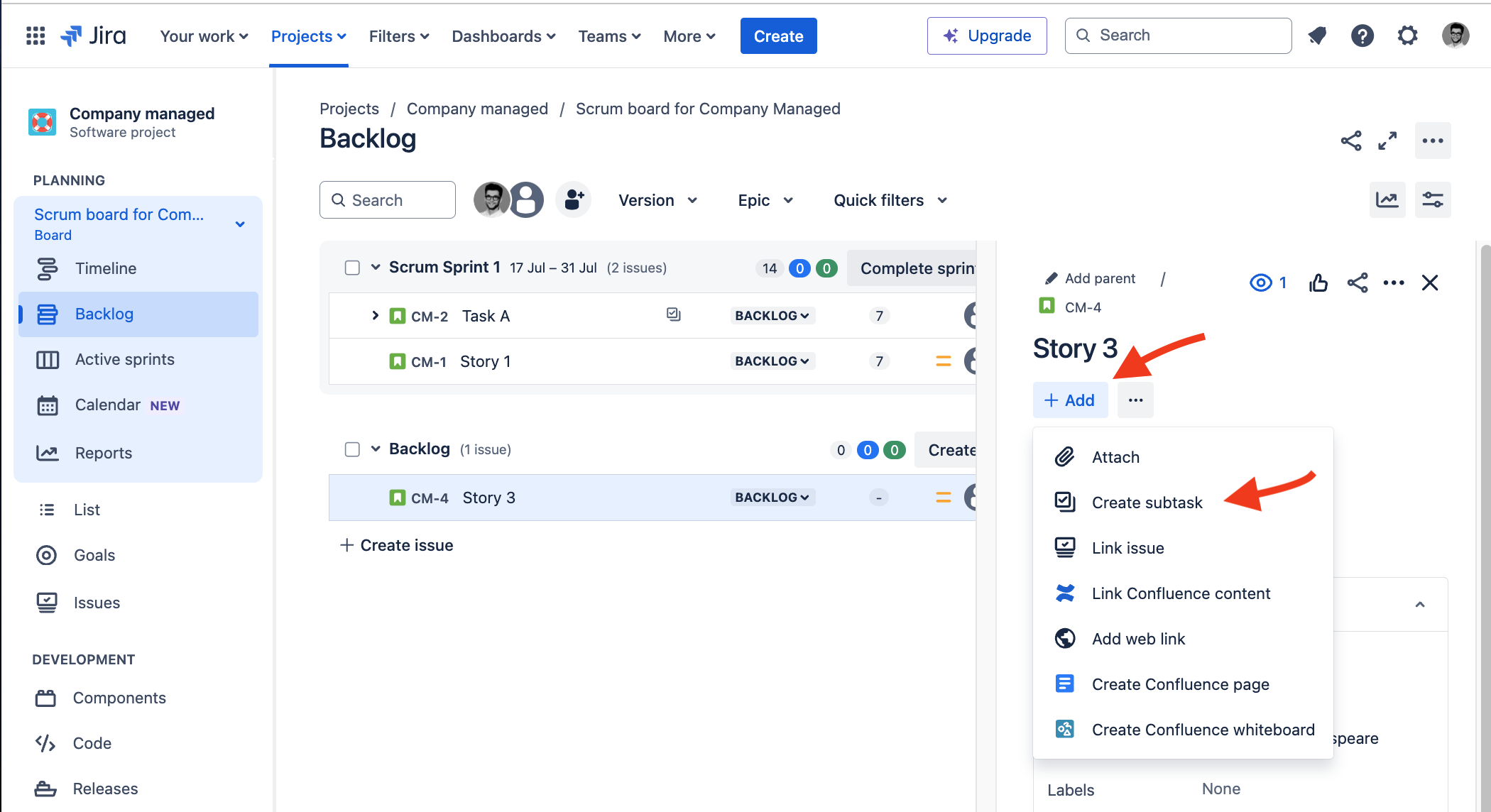 Subtasks in Jira Standard