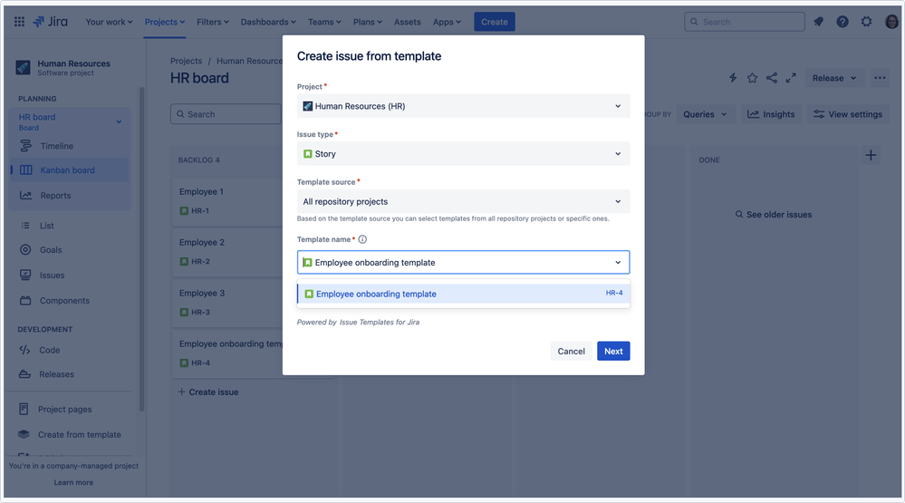 2_creating issue from the template using Issue Templates for Jira.png
