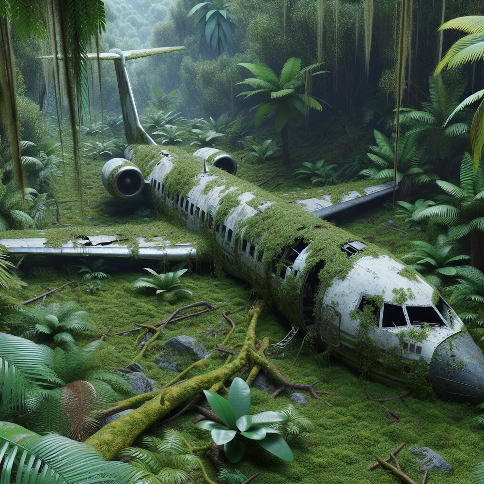 Ein Flugzeug, welches vor einiger Zeit im Dschungel abgestürzt ist. Realistisch, keine Menschen.png