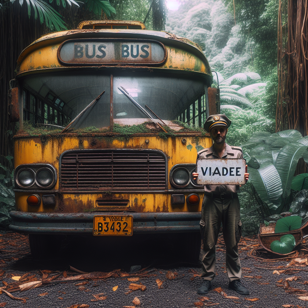 Ein heruntergekommener alter gelber Bus im Dschungel. Davor steht ein Busfahrer, der ein Schild mit der Aufschrift _viadee_ hochhält..png