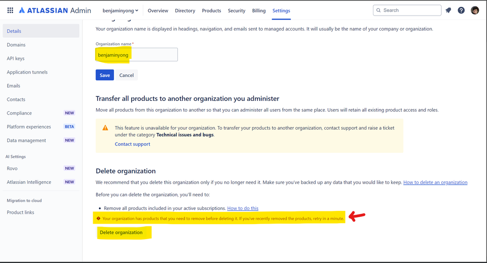 associated product rendering the abilities to delete the organisation.png