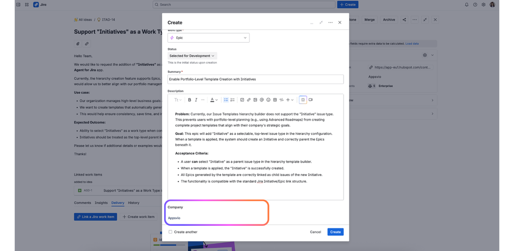 HubSpot Custom field in Jira Software - Epic - Create Work Item view.png