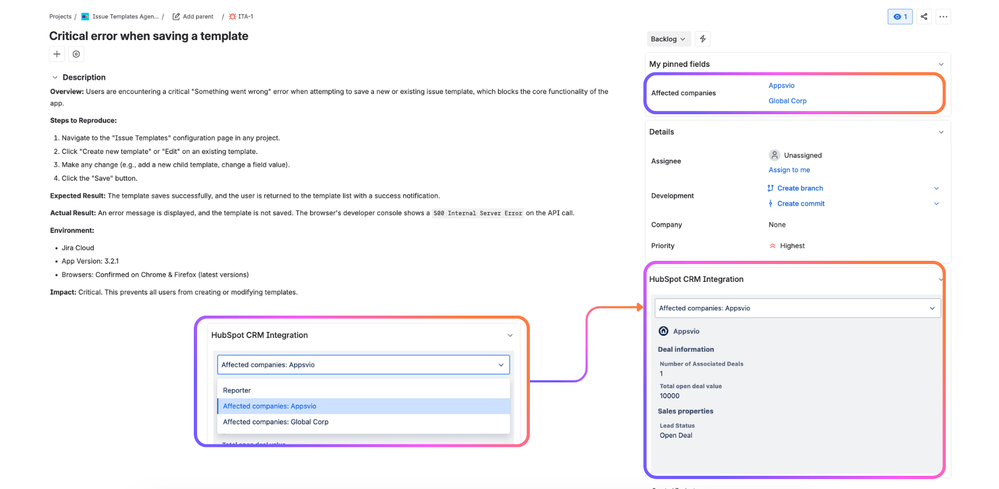 HubSpot Custom field in Jira Software - Bug - Work Item view.png