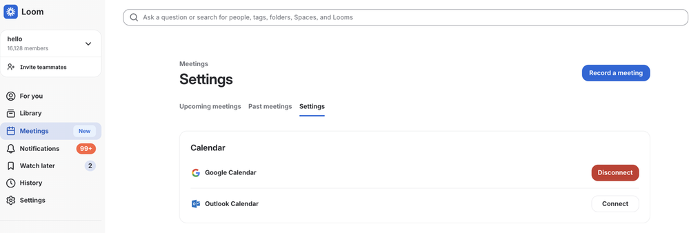 Loom Meetings Settings with Google Calendar and Outlook Calendar.png
