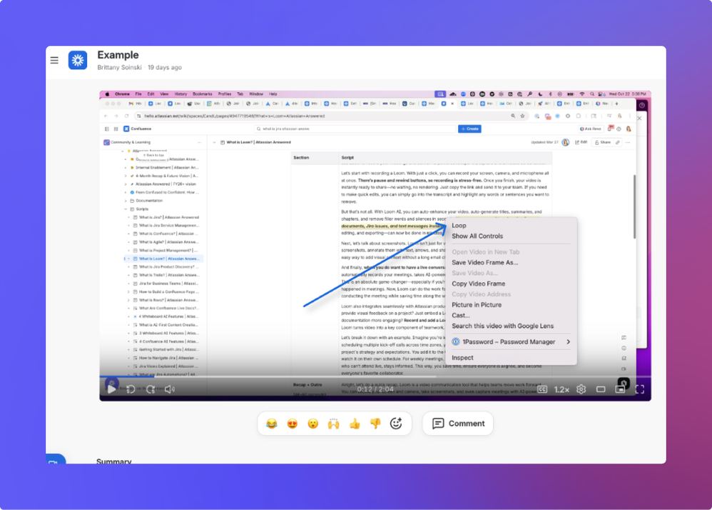 Screenshot of a web browser displaying a Loom tutorial within an Atlassian Confluence page.png