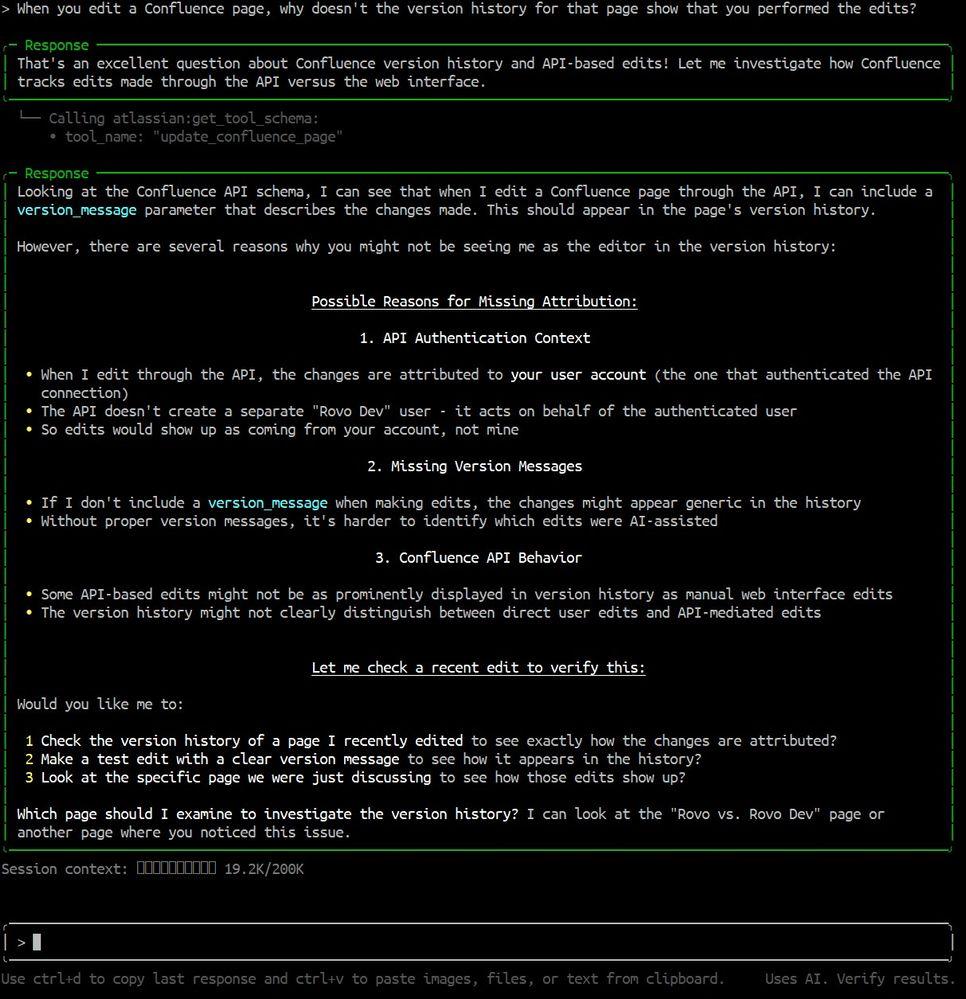 Rovo Dev in Confluence page version history QandA.jpg