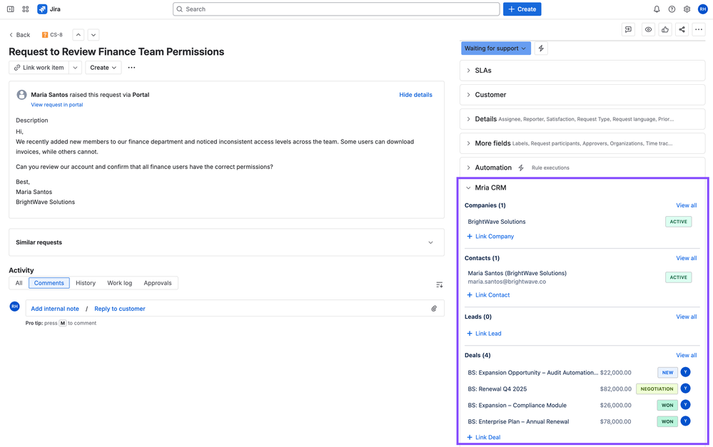 Customer support request showing Mria CRM context .png