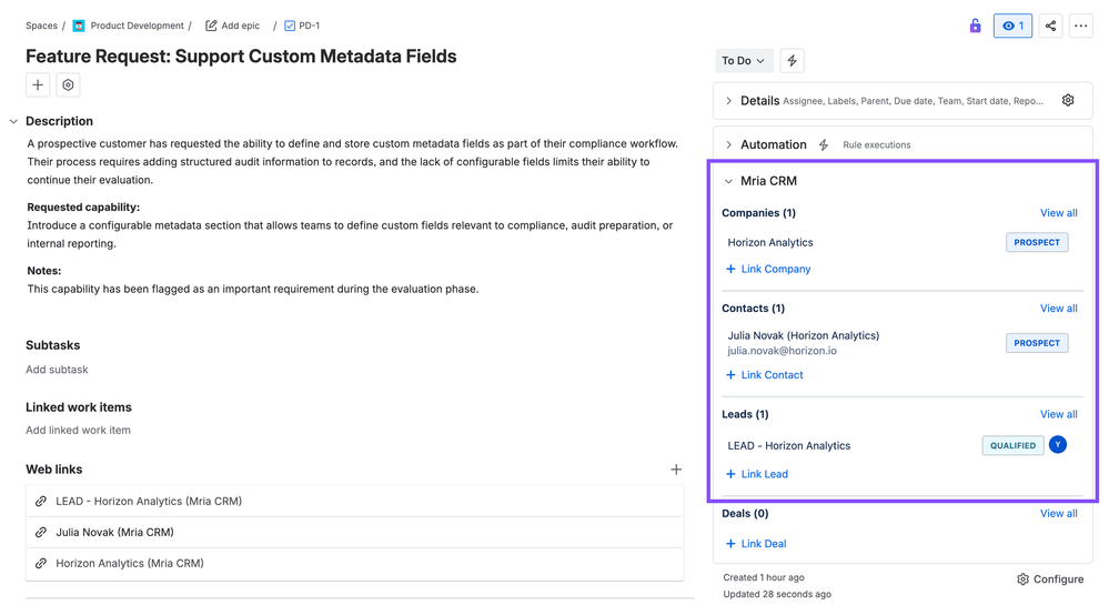 Jira issue displaying the Mria CRM sidebar.png