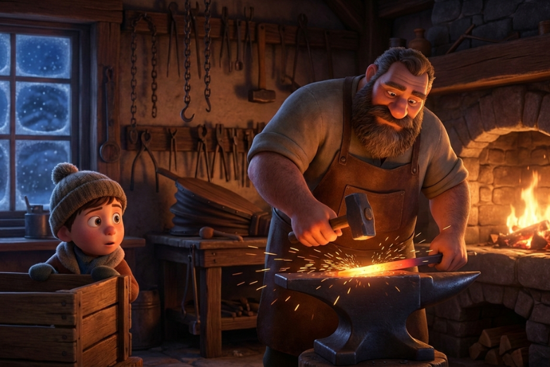Smal_boy_watching_the_blacksmith_AI_Apps_Builder_winter_story.png