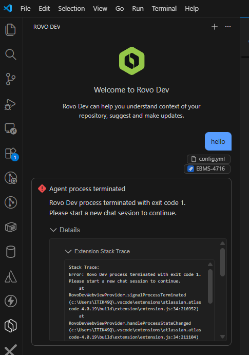 Rovo DEV not working in VS Code (Agent Process Ter...