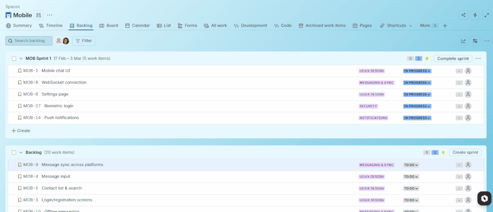 How to create sprint in Jira step-by-step click Create Sprint, drag issues to sprint container.gif