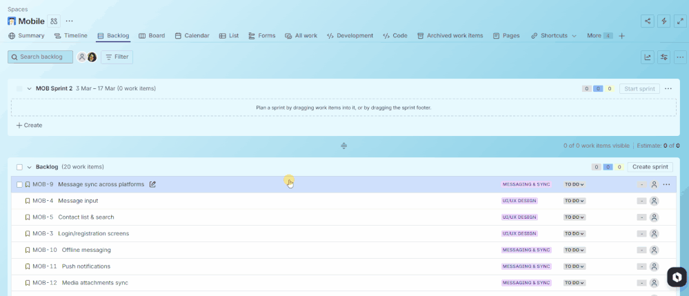 Jira sprint planning—dragging issues from backlog into sprint container with bulk select.gif