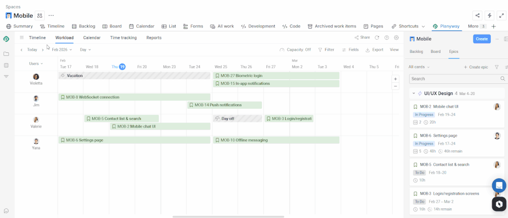 Jira sprint workload planning with Planyway—capacity bars per person showing overallocation in red and available capacity in blue.gif