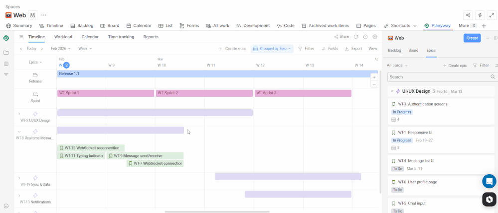 Planyway sprint roadmap with dependency visualization—epics grouped on left, sprints as bars, dependency arrows crossing sprint boundaries.gif
