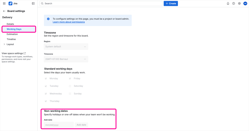 Jira board settings showing non-working days configuration.png