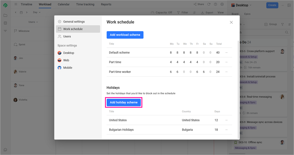 Planyway Workload Schemes settings with a country holiday calendar selected.png