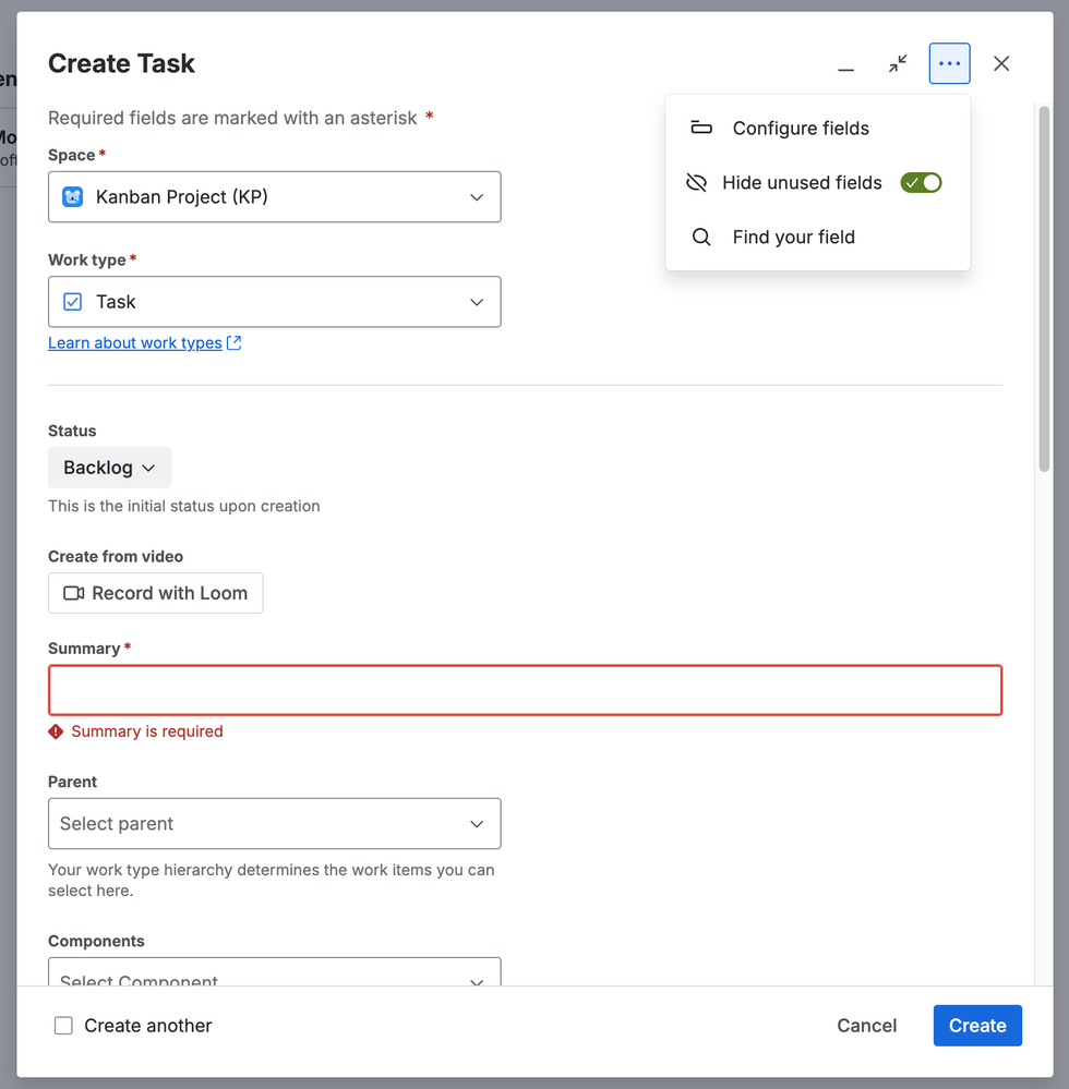 Jira - Create - Hide unused fields.png