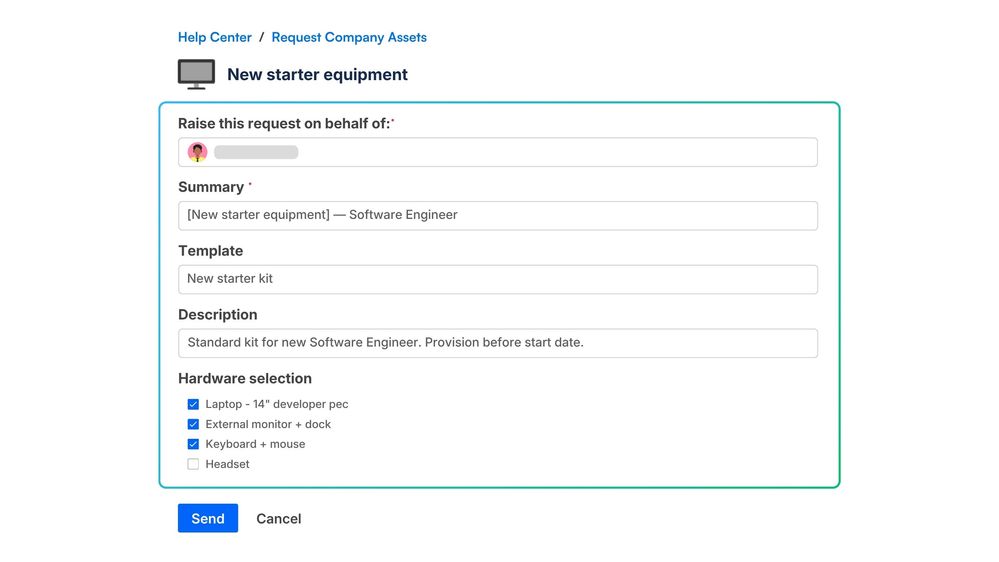 5. Standardized onboarding equipment request form on the JSM portal.jpg