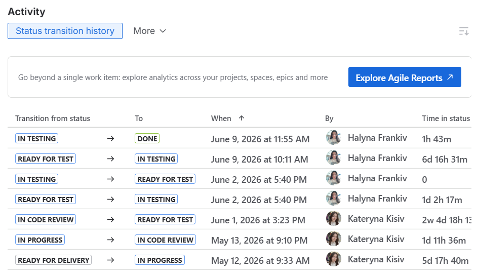 Status transition history table in the Jira issue.png