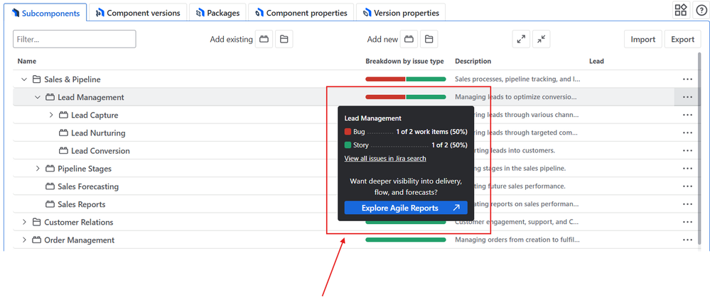 Subcomponents hierarchy with inline progress and breakdown bars and a tooltip with issue counts.png