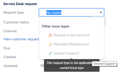 Request type 'General Support' cannot be selected when the Issue type is 'Service Request', it only works when it is 'Change Request'..PNG