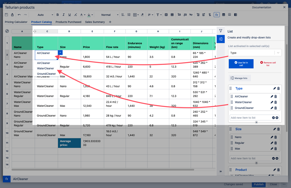 Drop down lists in Confluence Elements Spreadsheet.png