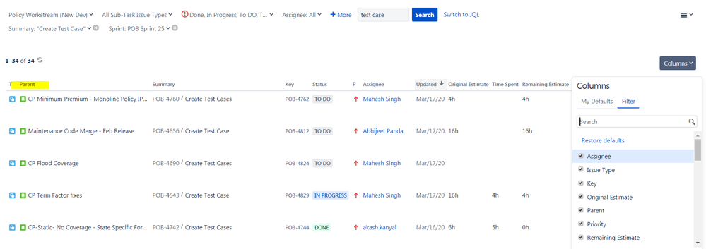 Parent Status Column is not showing in JIRA Query.png