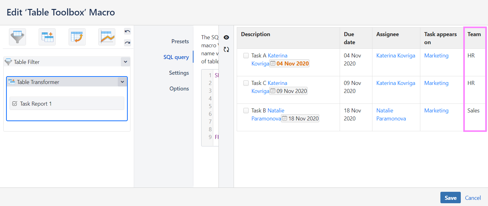 Solved Filter task report by assigned to confluence team