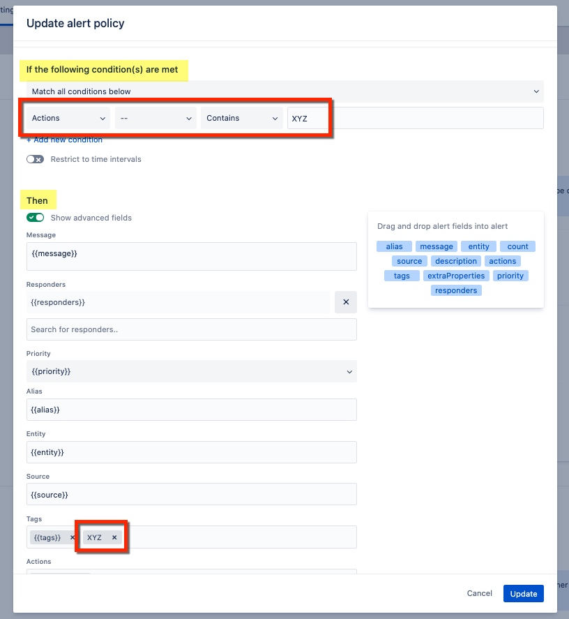 Adding tag to alert through action