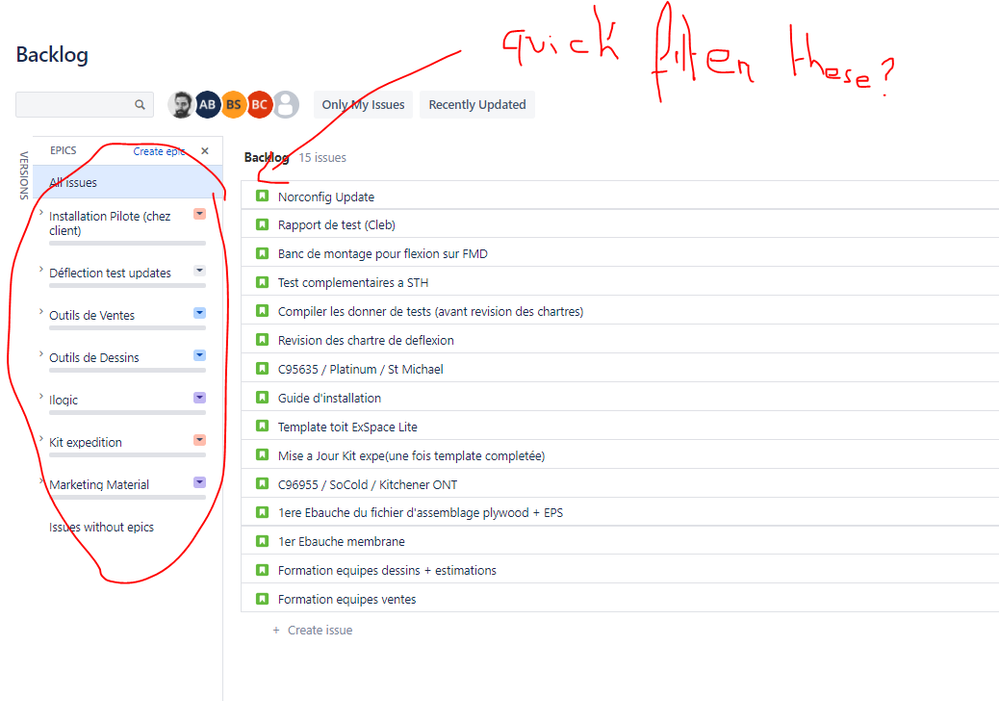 Is there a way to quick filter the Epics in the ba...