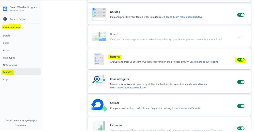 Enable Reports in Features under Project Settings.JPG