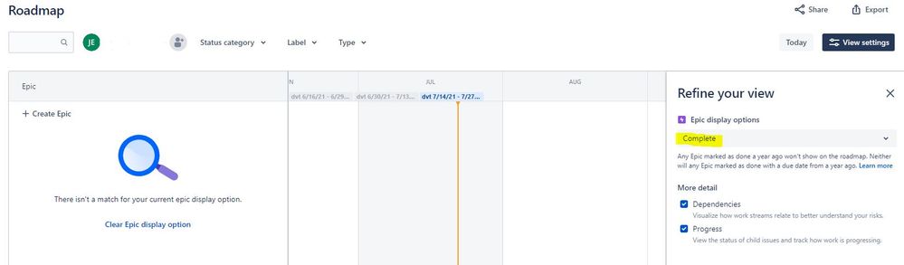 How to display Complete epics in Roadmap gantt cha