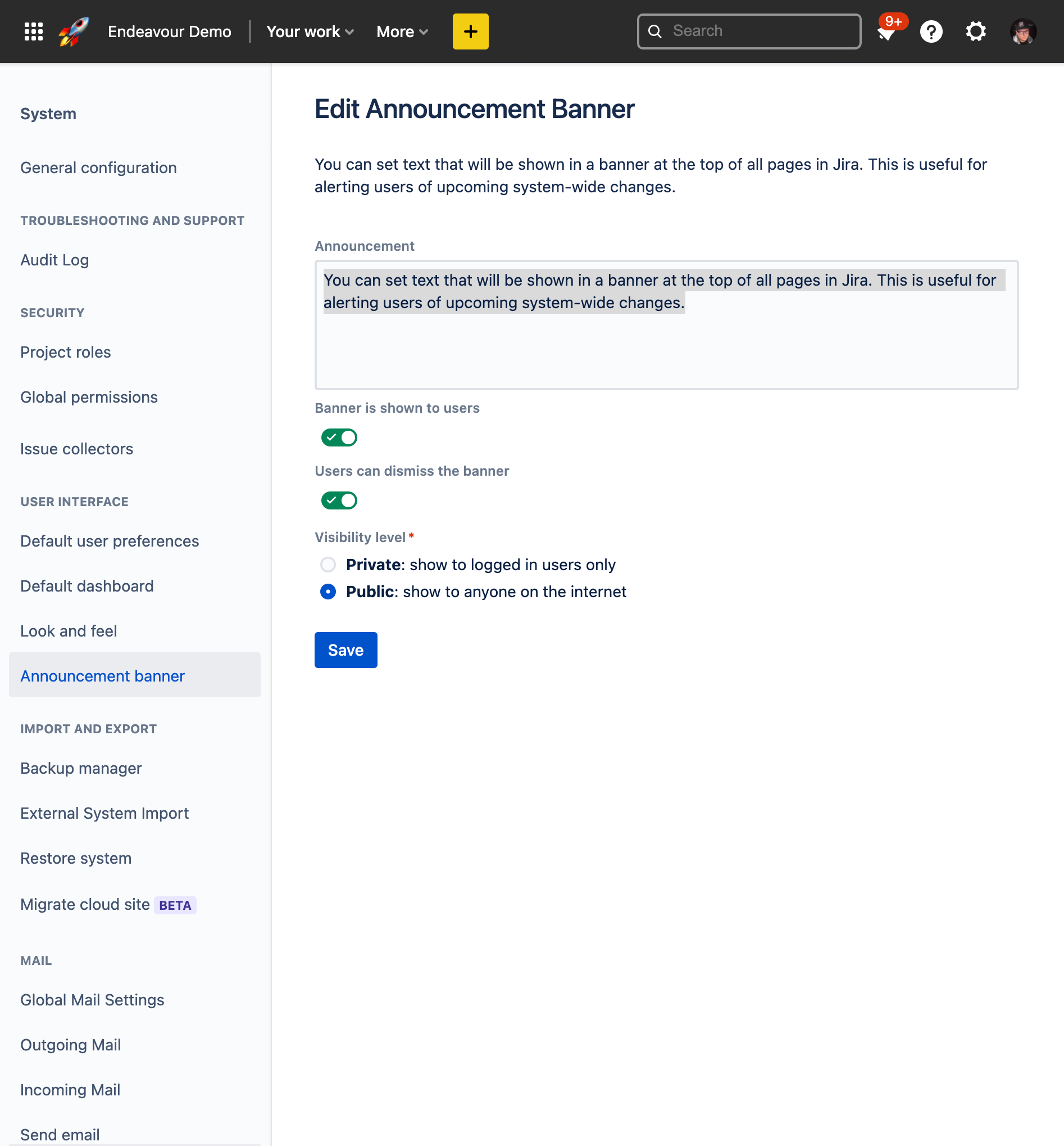 Jira Cloud admin Announcement banner