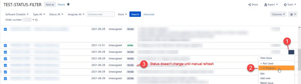 While in filter list view, issue status change is 