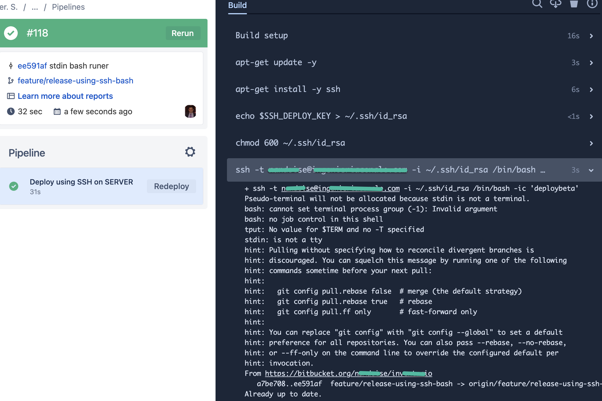 Deploy repository using SSH and Pipelines
