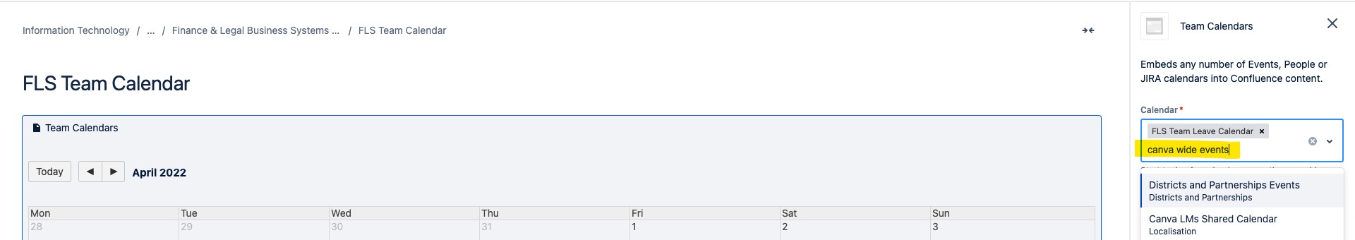 Unable to add a calendar to my team calendar on co 