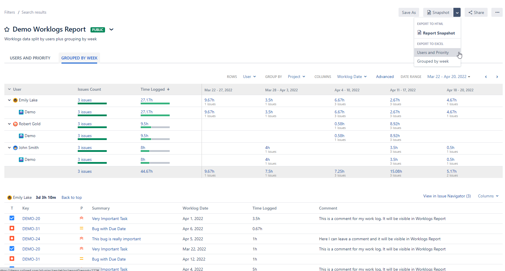 How to export hours logged per epic, story & task