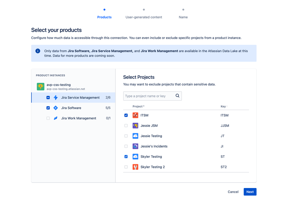 Project Selection For Atlassian Data Lake Connections