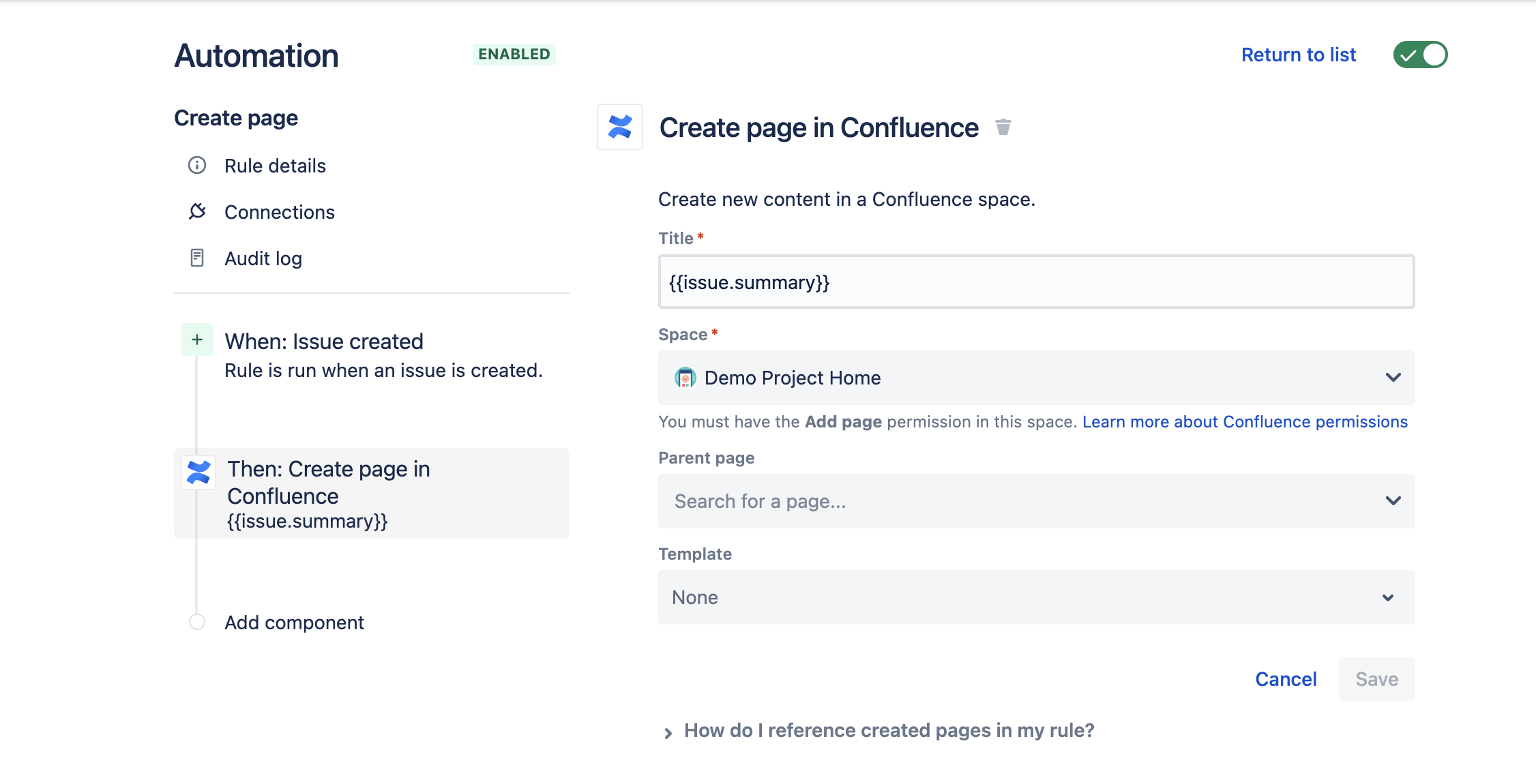 Automation that creates a page in confluence with